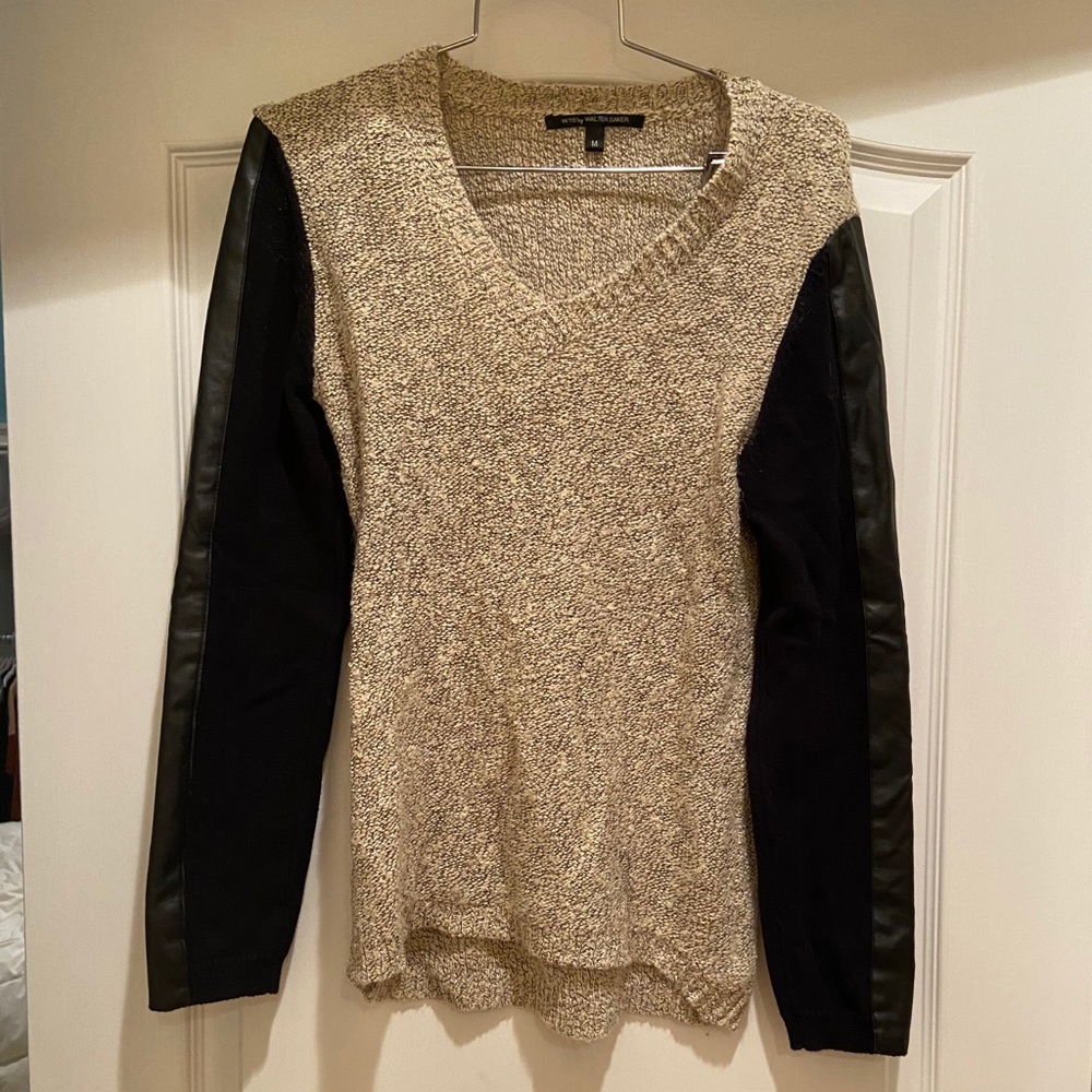 Fake Leather Sleeve Fashion Sweater